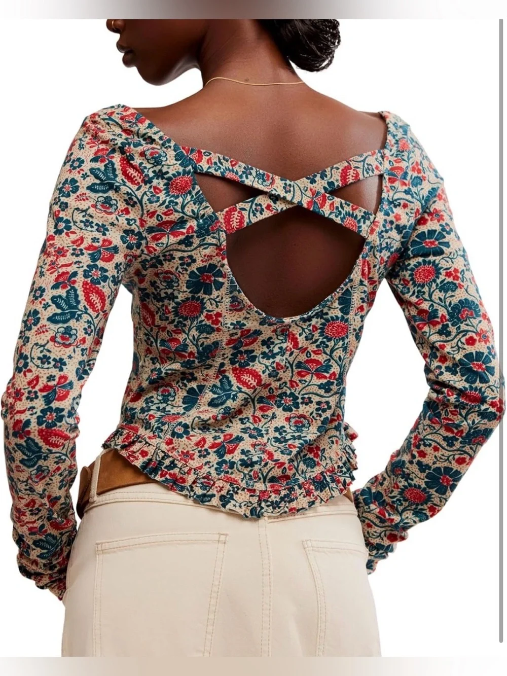 Free People NWT Melanie Cross Back Cottagecore Floral Top Size M earthy